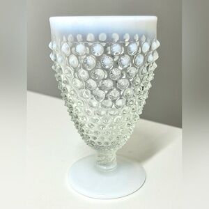 1940s Vintage Fenton Opalescent French Hobnail Milk Glass Footed Iced Tea Goblet